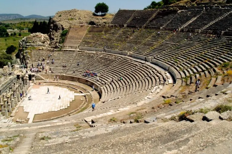 People are visiting the great theatre of Ephesus at Full day Ephesus Private Tours.